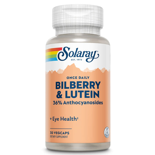 SOLARAY One Daily Bilberry and Lutein label close-up highlighting purity and quality