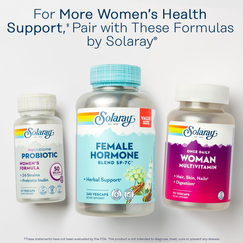 SOLARAY PhytoEstrogen sustainable packaging and solar-powered facility badge communicating eco-conscious manufacturing.