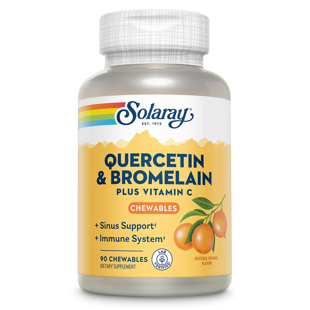 SOLARAY Quercetin chewables bottle highlighting immune support and heart health potential.