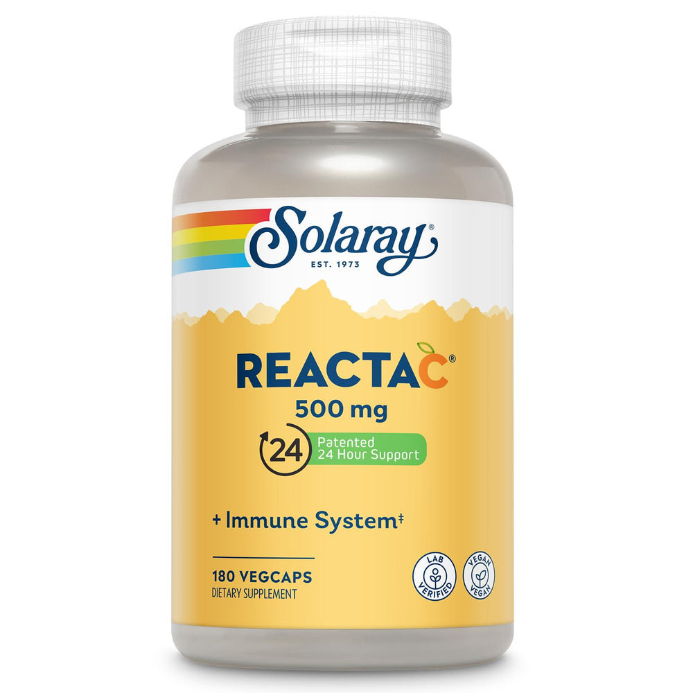 Solaray Reacta-C Vitamin C 500mg bottle showcasing bioflavonoids for daily immune support.