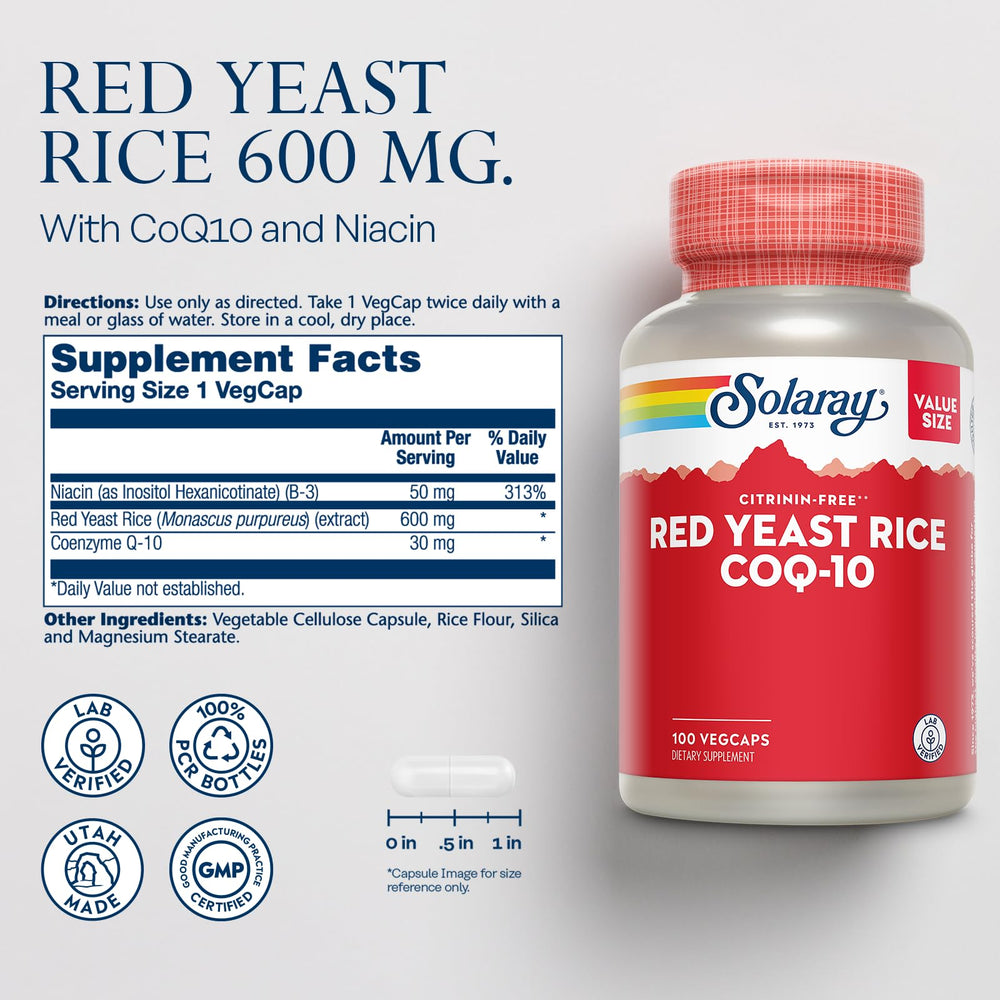 SOLARAY Red Yeast Rice Plus CoQ10 capsules highlight antioxidant support.