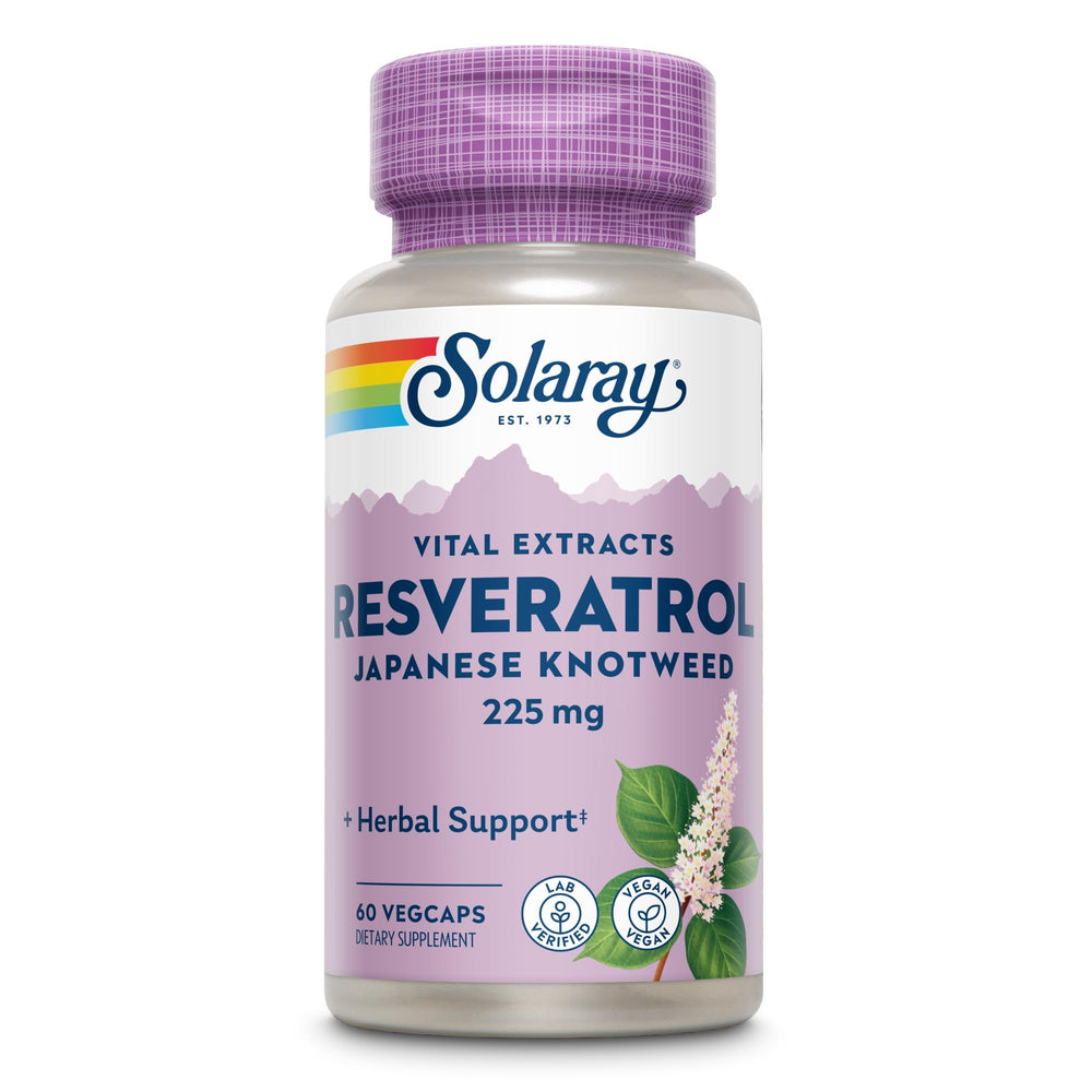 SOLARAY Resveratrol 225mg VCaps bottle pour shows convenient daily dosage.