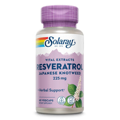 SOLARAY Resveratrol 225mg VCaps bottle pour shows convenient daily dosage.