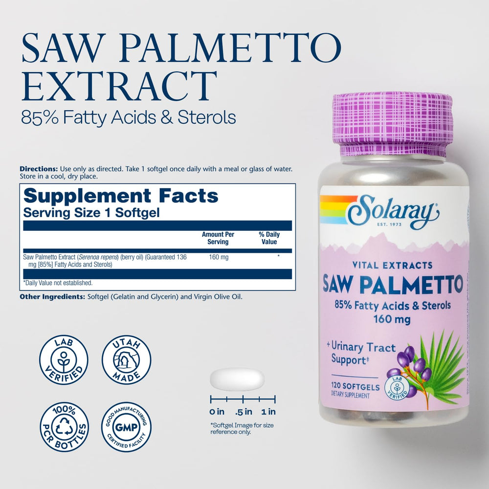 SOLARAY Saw Palmetto bottle label shows potency and ingredients