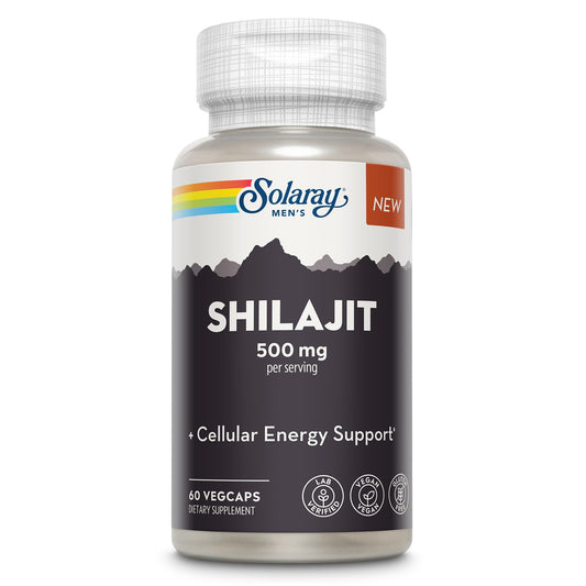 SOLARAY Shilajit 500 mg bottle label highlights PrimaVie Himalayan source and quality.