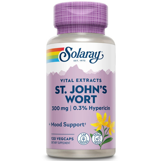 Solaray St. John's Wort Aerial Extract 300mg bottle supports daily mood potential.