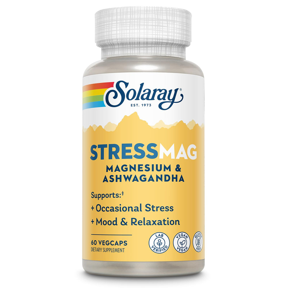 Solaray StressMag bottle on shelf highlighting magnesium glycinate and ashwagandha support