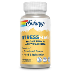 Solaray StressMag bottle on shelf highlighting magnesium glycinate and ashwagandha support