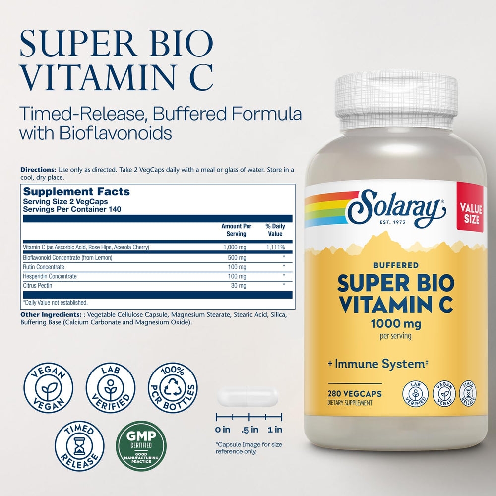 SOLARAY vitamin C bottle label highlights two-stage release and bioflavonoids for daily use.