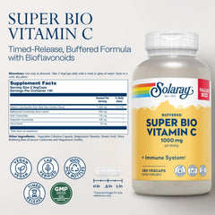 SOLARAY vitamin C bottle label highlights two-stage release and bioflavonoids for daily use.