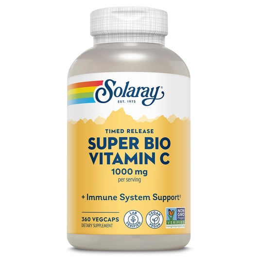 SOLARAY Super Bio Buffered Vitamin C 1000mg bottle supports daily immune health with gentle buffering.