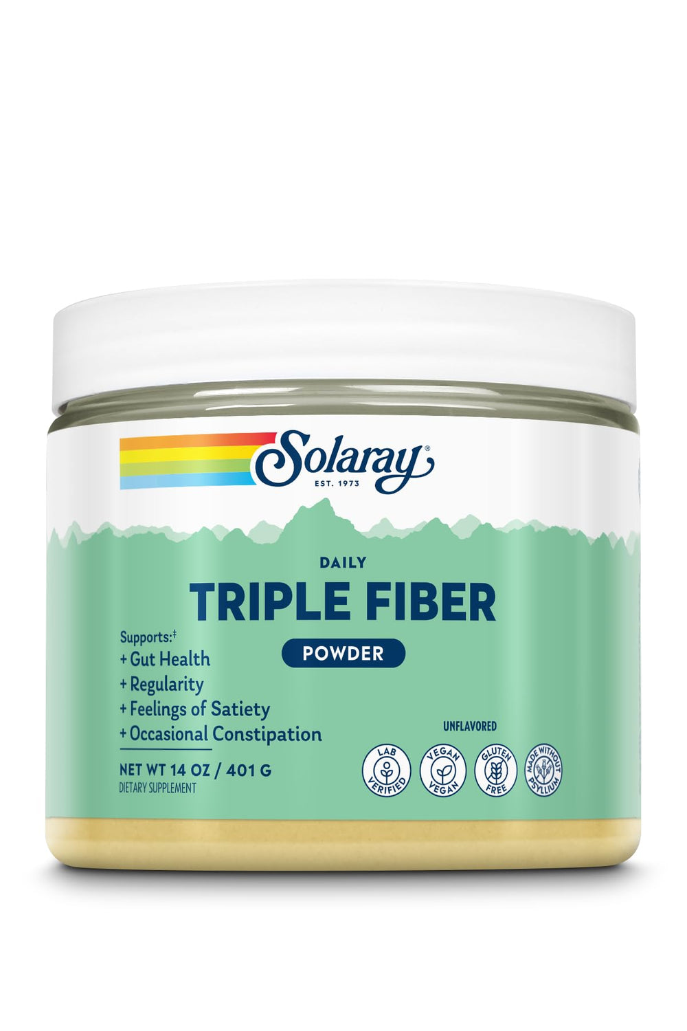 SOLARAY Triple Fiber Powder bottle showing unflavored vegan blend for daily gut support