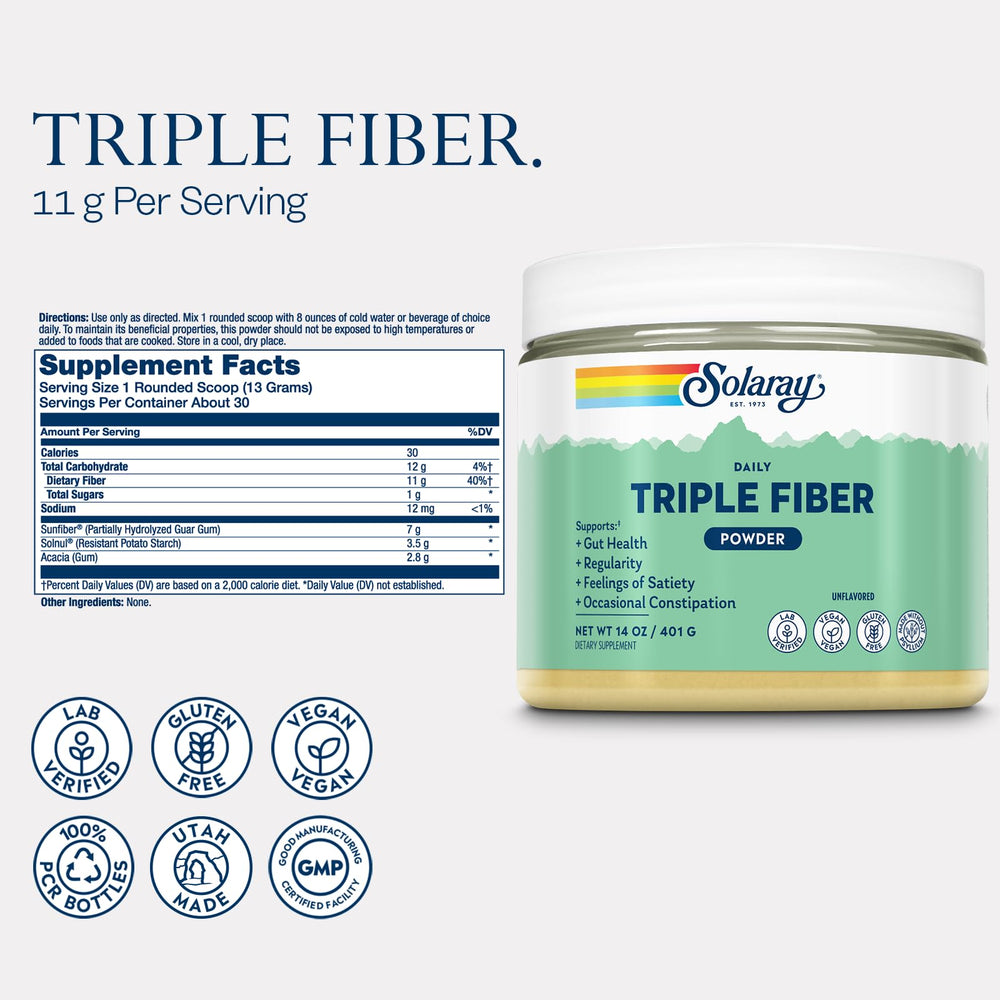 SOLARAY Triple Fiber Powder being poured into a glass for quick daily use
