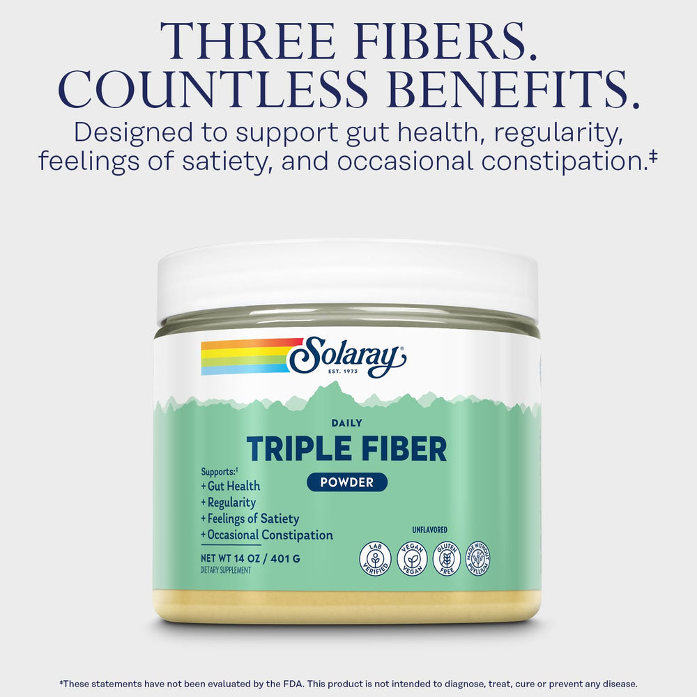SOLARAY Triple Fiber Powder scoop highlighting 11 g fiber per serving