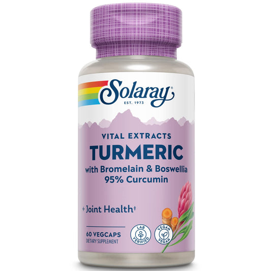 Solaray turmeric bottle closeup showing 60 servings for daily joint support