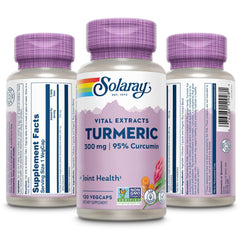 SOLARAY turmeric supplement bottle back with dosage and vegan details.