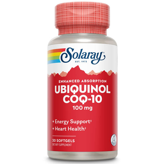 SOLARAY Ubiquinol CoQ-10 bottle for potential absorption benefits and daily energy.