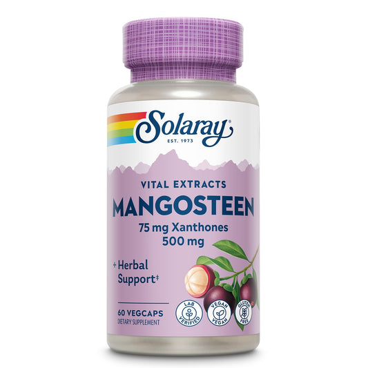 SOLARAY Mangosteen bottle pour for easy daily intake and wellness support.