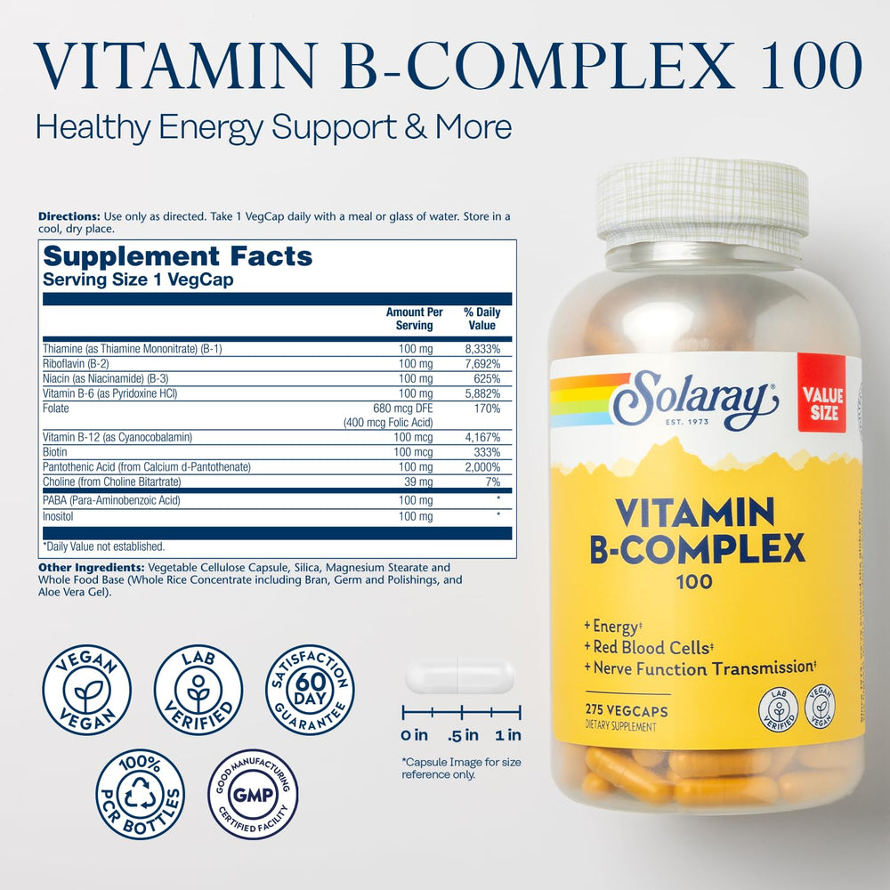SOLARAY Vitamin B Complex label closeup; highlights essential B vitamins for energy and immunity.