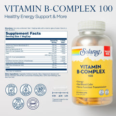 SOLARAY Vitamin B Complex label closeup; highlights essential B vitamins for energy and immunity.