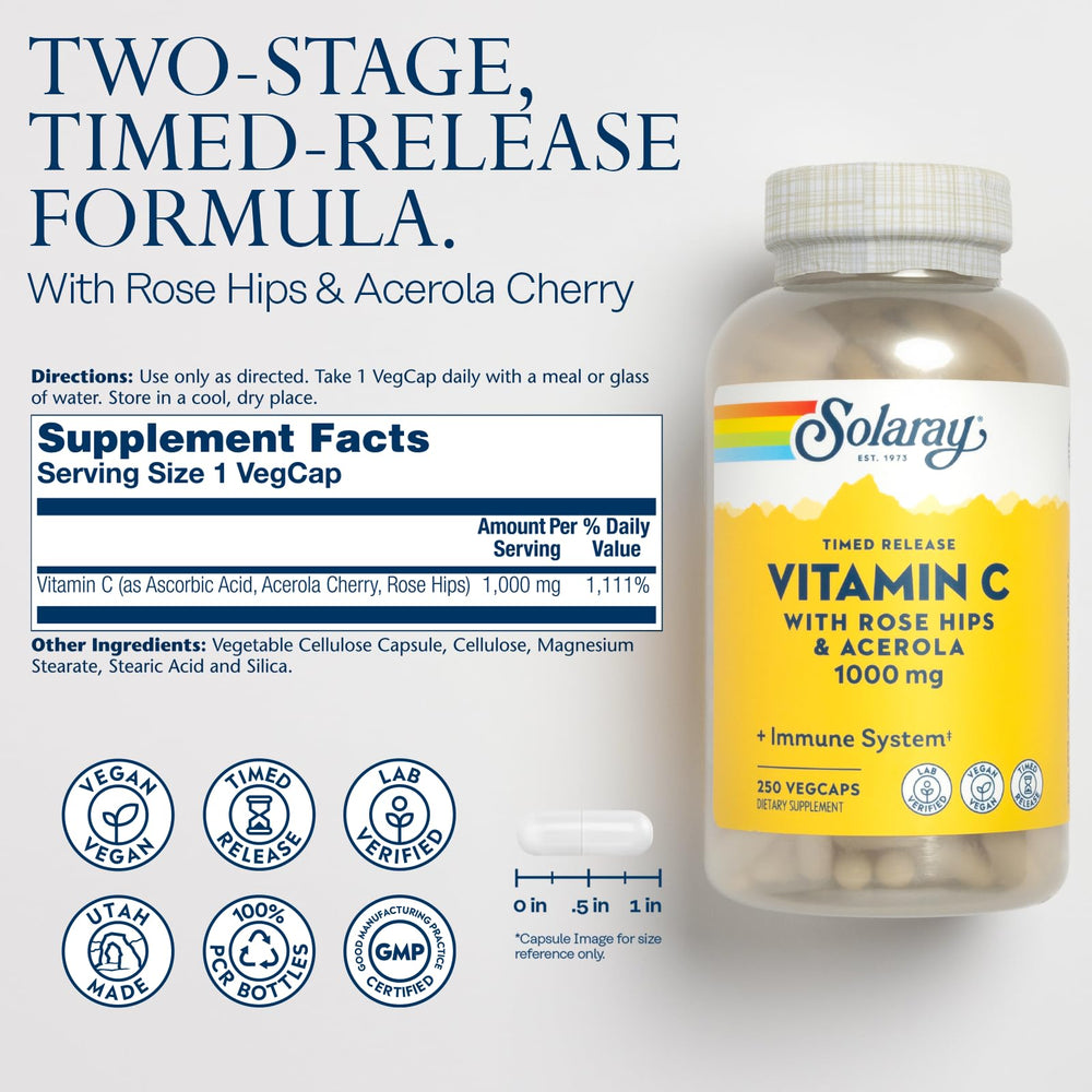 SOLARAY Vitamin C 1000mg capsules closeup shows two stage release design benefits.