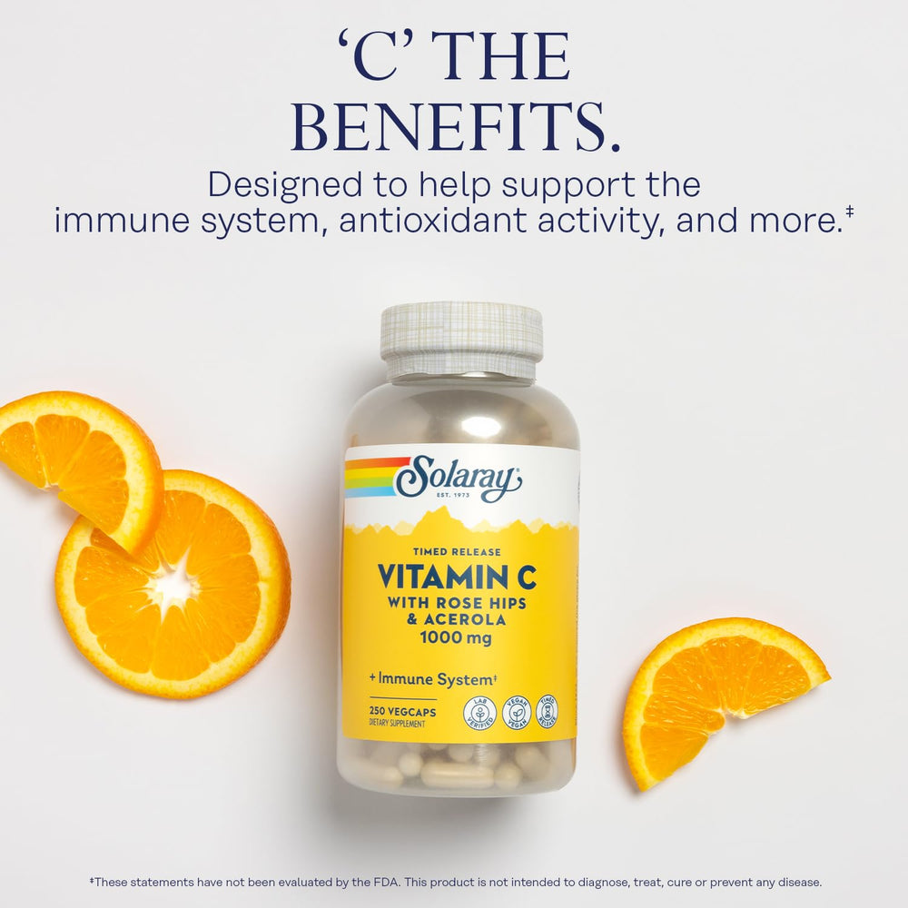 SOLARAY Vitamin C 1000mg label closeup emphasizes rose hips and acerola ingredients.