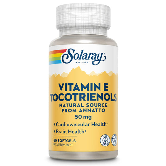 SOLARAY Vitamin E Tocotrienols 50mg bottle front view highlights annatto-derived tocotrienols for potential brain and heart support.