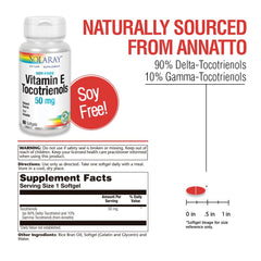 SOLARAY Vitamin E Tocotrienols 50mg bottle label emphasizing soy-free, potency-verified formula.