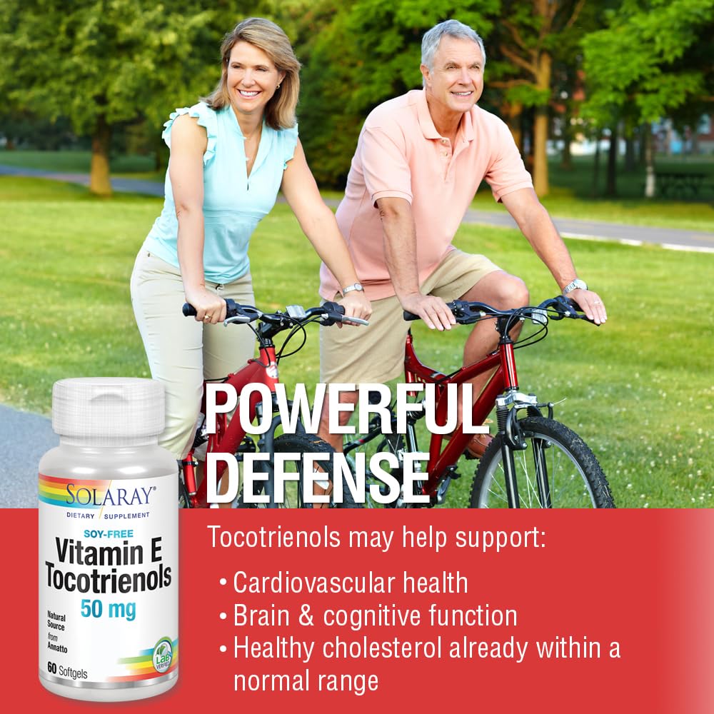 SOLARAY Vitamin E Tocotrienols 50mg capsule close-up showing smooth softgels for easy ingestion.