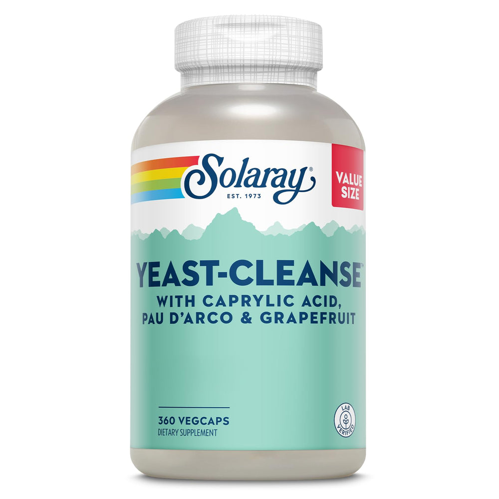 SOLARAY Yeast Cleanse bottle and capsules on a kitchen counter for daily antioxidant support.