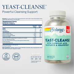 SOLARAY Yeast Cleanse capsules close-up showing a six-capsule daily serving option.