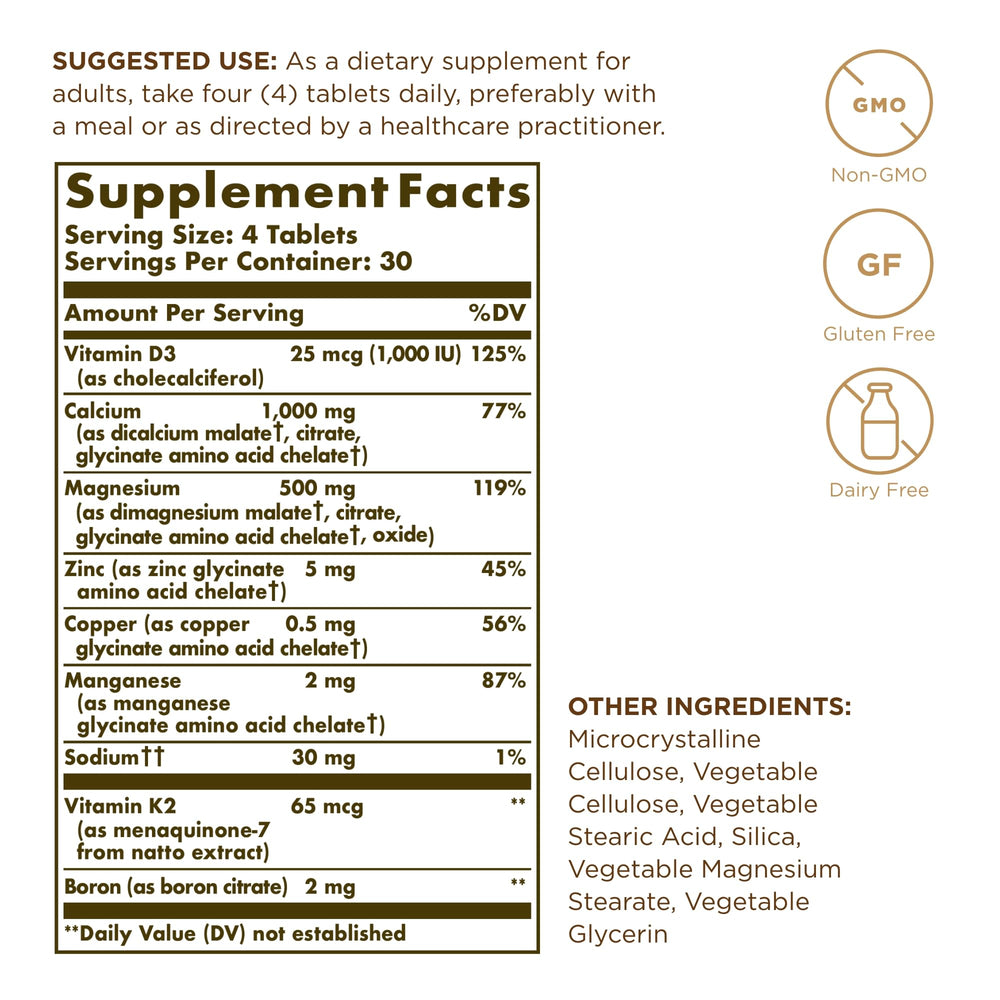 Solgar Advanced Calcium Complex tablets close-up with zinc, boron, D3, and K2 minerals.