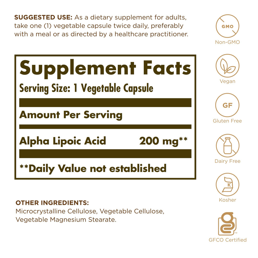 Solgar Alpha Lipoic Acid capsules close-up shows vegan, non-GMO formula.