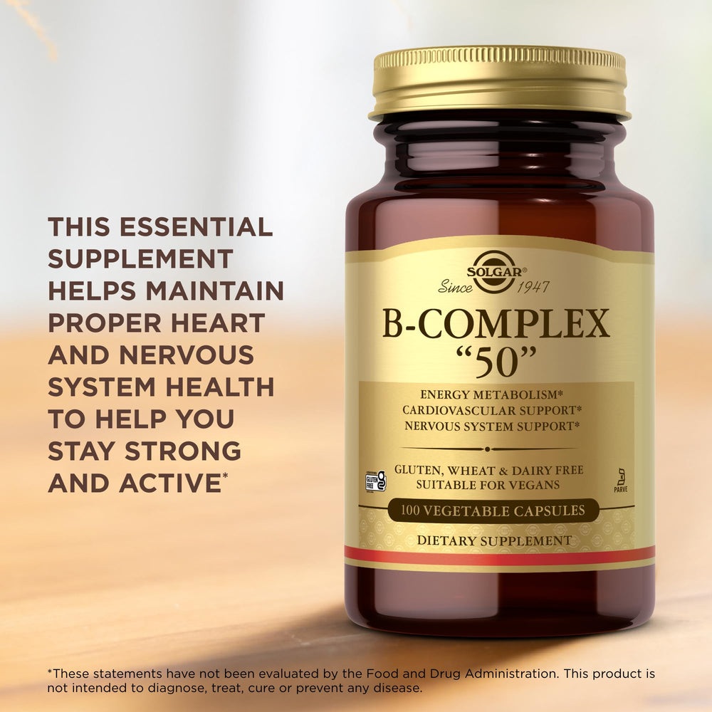 Solgar B-Complex 50 capsules in bottle for convenient daily use.