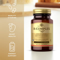 Solgar B-Complex 50 packaging box on desk highlighting 200 servings.