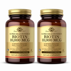 Solgar Biotin 10,000 mcg bottle promotes daily skin and hair care.