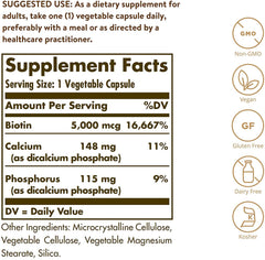 Solgar Biotin 5000 mcg capsules closeup highlights high potency for daily energy metabolism.