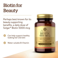 Solgar Biotin 5000mcg label closeup shows vegan, gluten-free, non-GMO assurance.