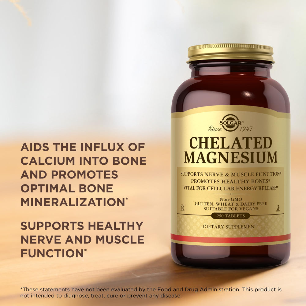 Solgar Chelated Magnesium serving dispensed; four-tablet daily dose