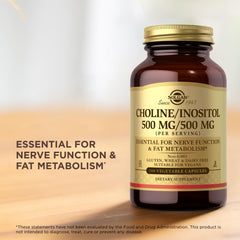 Solgar Choline/Inositol taken with water, convenient daily brain support.