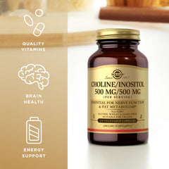 Solgar Choline/Inositol label detail shows non-GMO, vegan, kosher credentials.