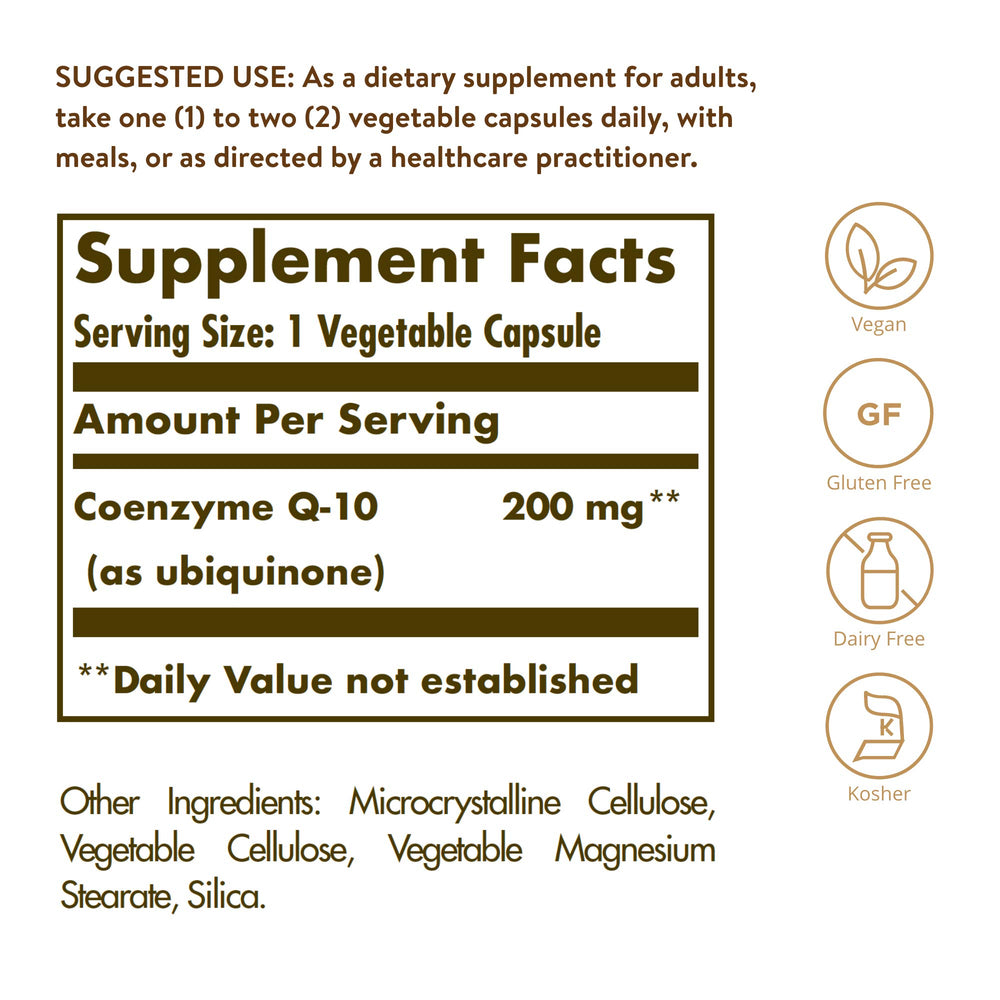 Solgar CoQ-10 capsules close-up in a veggie capsule shell.