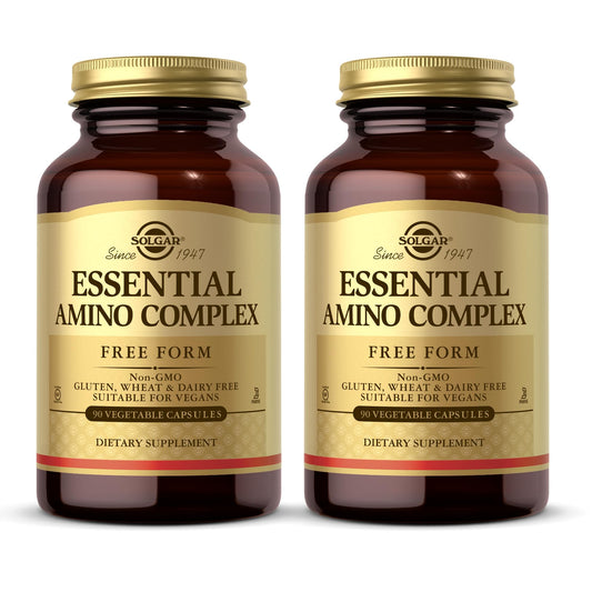 Solgar Essential Amino Complex bottle front view highlighting free-form amino acids for absorbable protein support