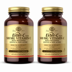 Solgar Ester-C Plus 500 mg bottle shows vegan, non-GMO vitamin C with a gentle formula.