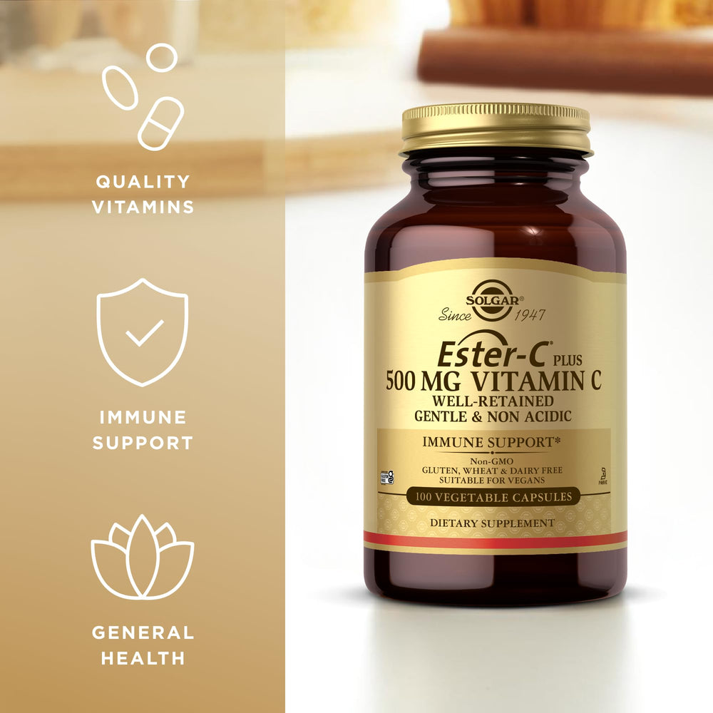 Solgar Ester-C Plus ingredient list indicates rose hips and acerola inclusion.