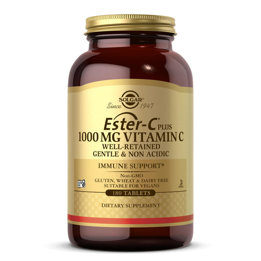 Solgar Ester-C Plus bottle and pour illustrating gentle, non-acidic Vitamin C for daily use.