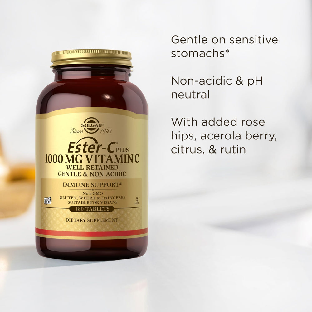 Solgar Ester-C Plus packaging highlights 180-tablet bottle and servings.