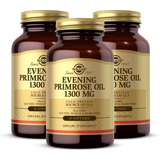 Solgar Evening Primrose Oil bottle focus for healthy skin support.
