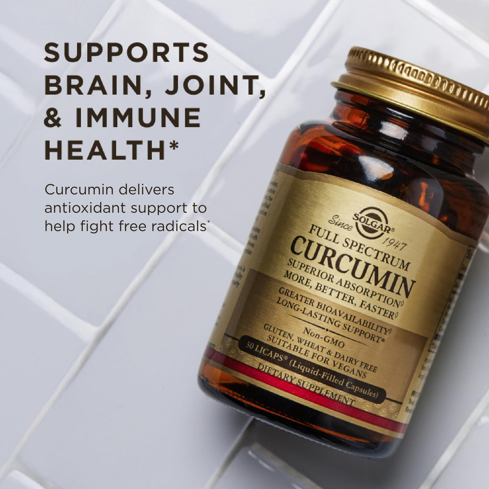 Solgar Full Spectrum Curcumin supplement jar with serving size and label details