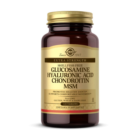 Solgar Glucosamine Hyaluronic Acid Chondroitin MSM bottle on display supports joint comfort.